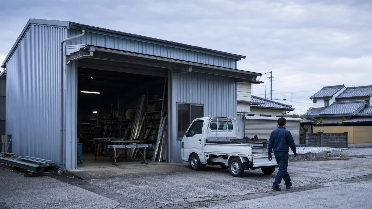 地域の板金工事会社の職人と作業車のイメージ