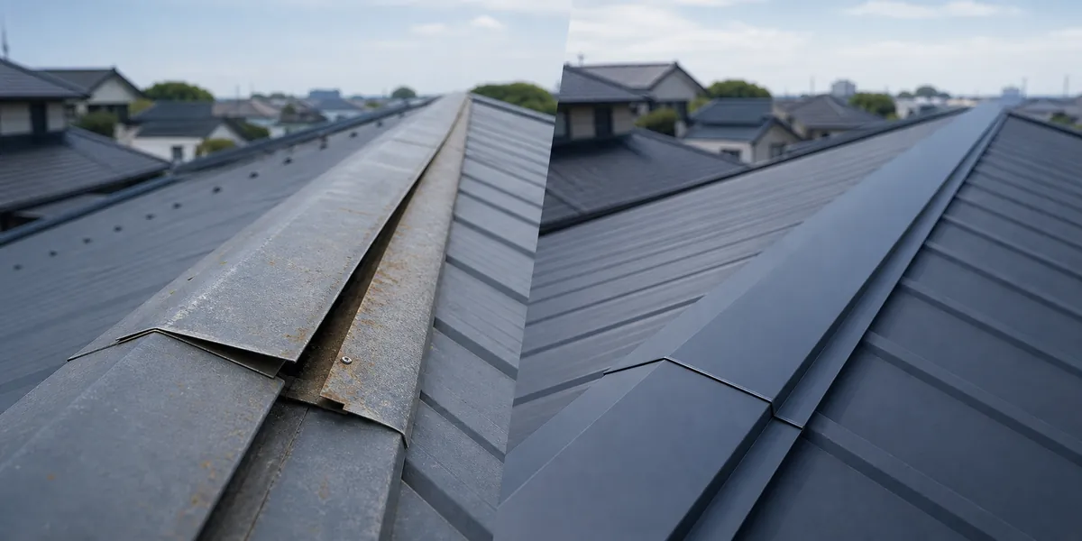 屋根板金の浮きと補修後を示す施工イメージ